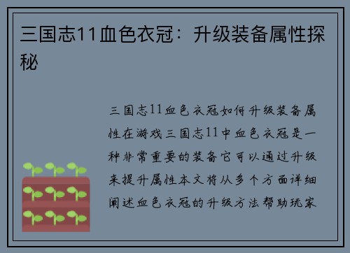 三国志11血色衣冠:升级装备属性探秘