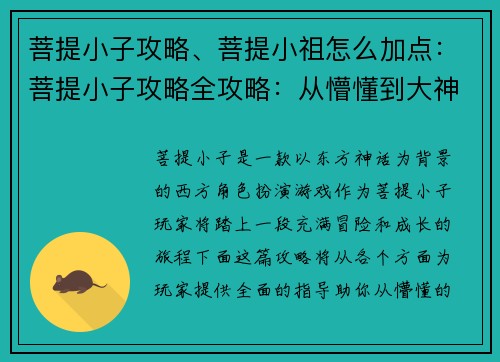 菩提小子攻略、菩提小祖怎么加点：菩提小子攻略全攻略：从懵懂到大神